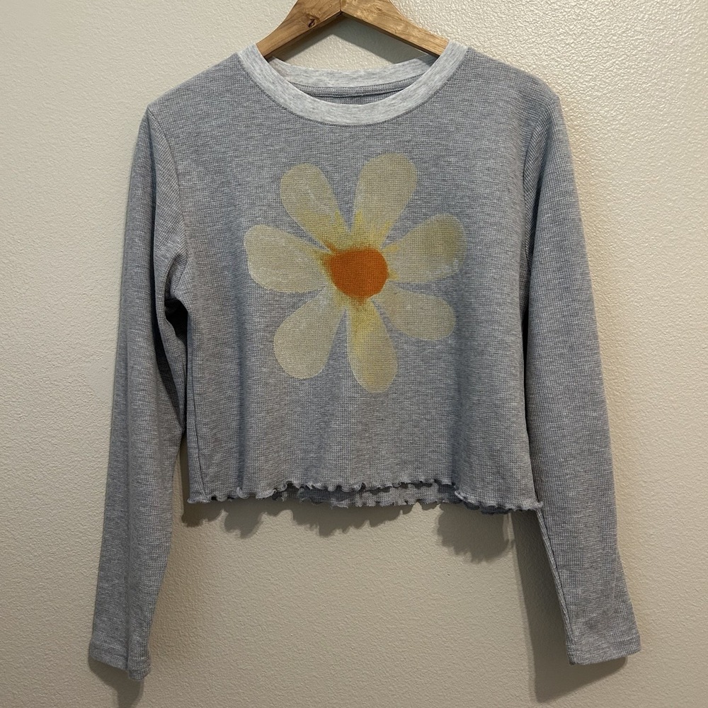 Natural Life Womens Large Waffle Knit Crop Top Gray Daisy Long Sleeve